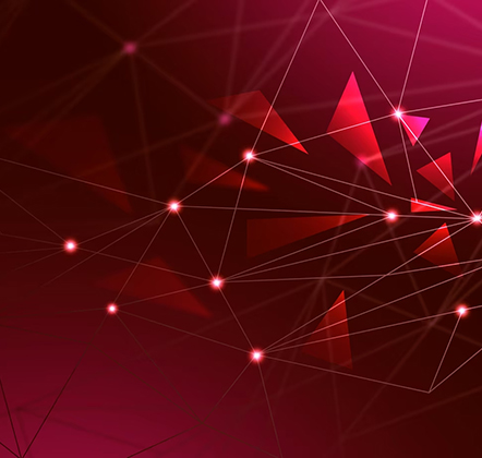 Réseau de points lumineux et lignes fines sur fond rouge avec formes géométriques roses.